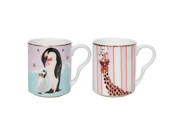 Set of 2 Small Christmas Penguin and Giraffe Mugs