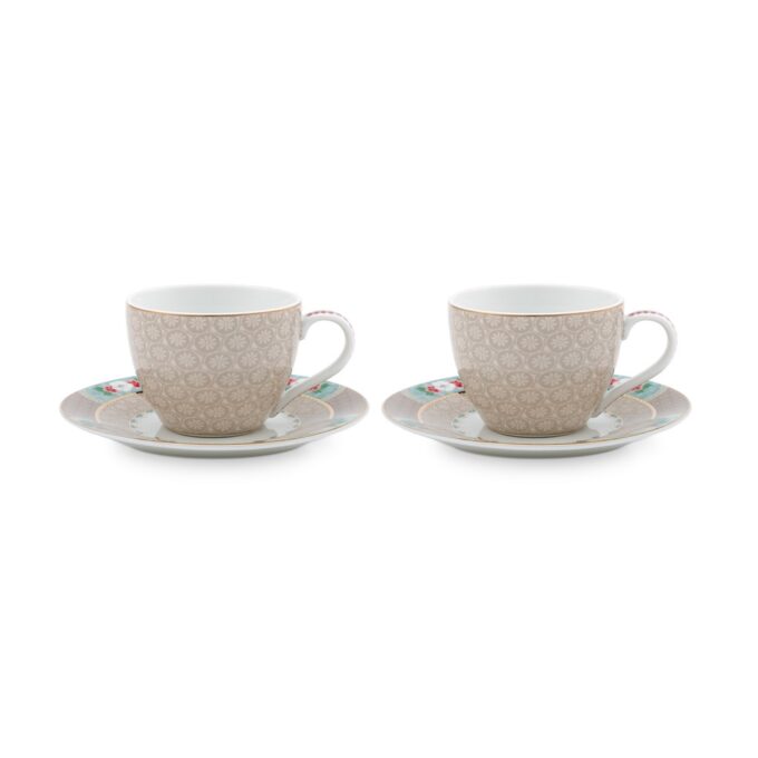 Set of 2 Blushing Birds Khaki Espresso Cups & Saucers