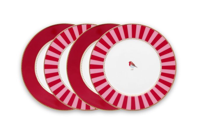 Love Birds Set of 4 Red and Pink Plates 17cm