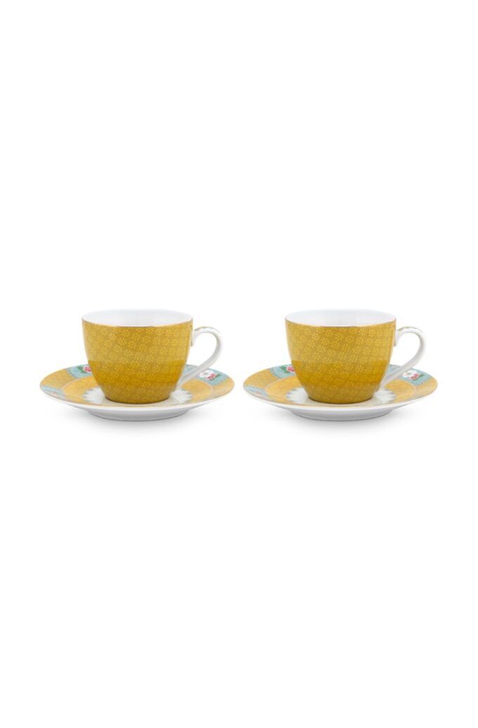 Pip Studio Blushing Birds Set of Two Yellow Espresso Cups and Saucers 120ml