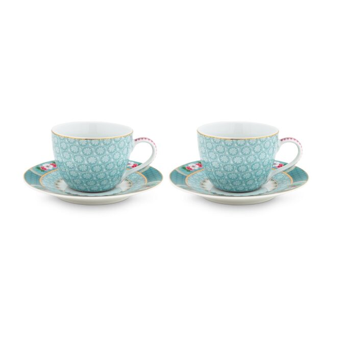 Blushing Birds Set of Two Blue Espresso Cups and Saucers 280ml